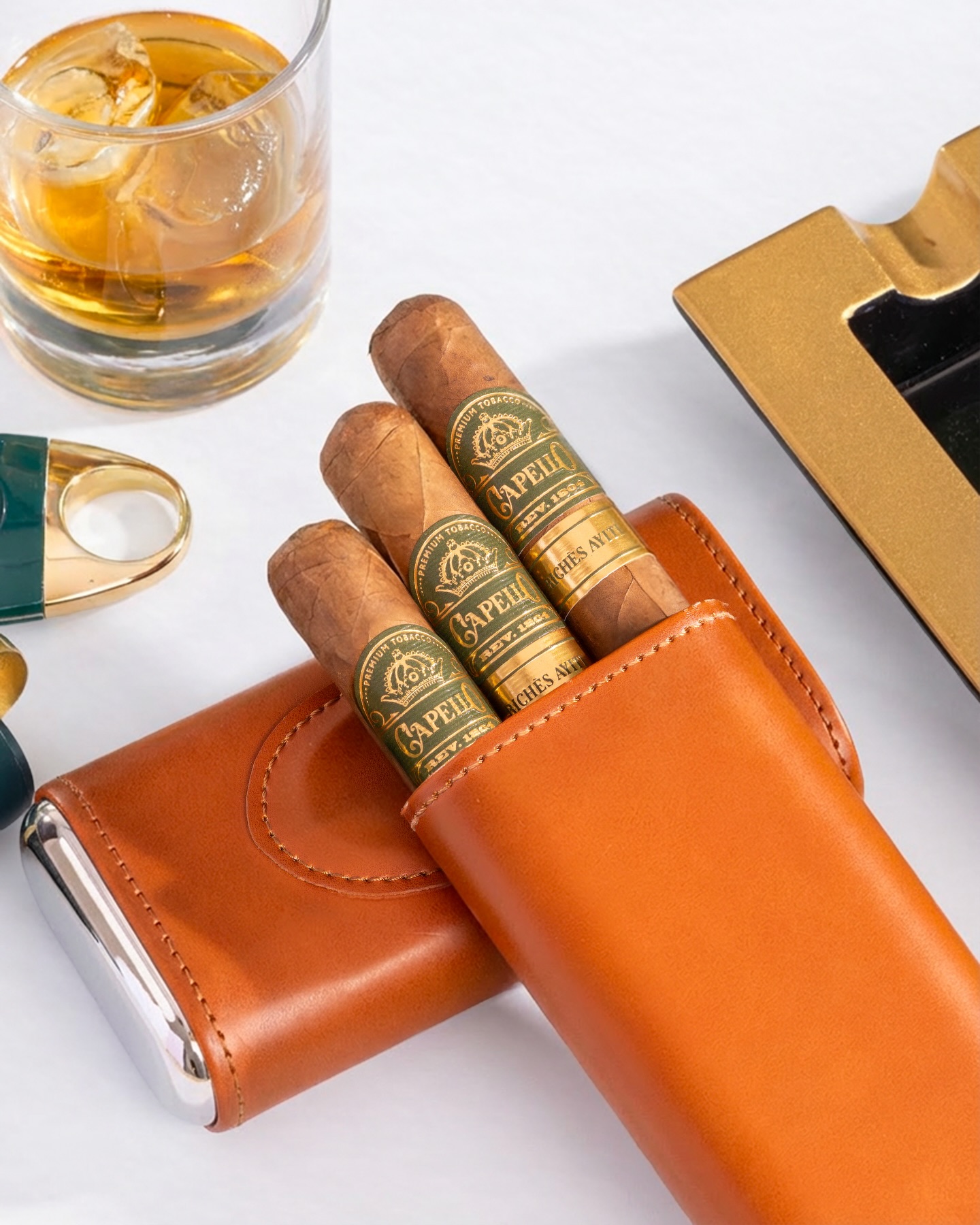 Capello cigars kept in an open leather travel case